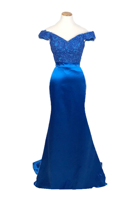 Royal Blue Off the Shoulder Lace Sleek Prom Evening Dress XH1027