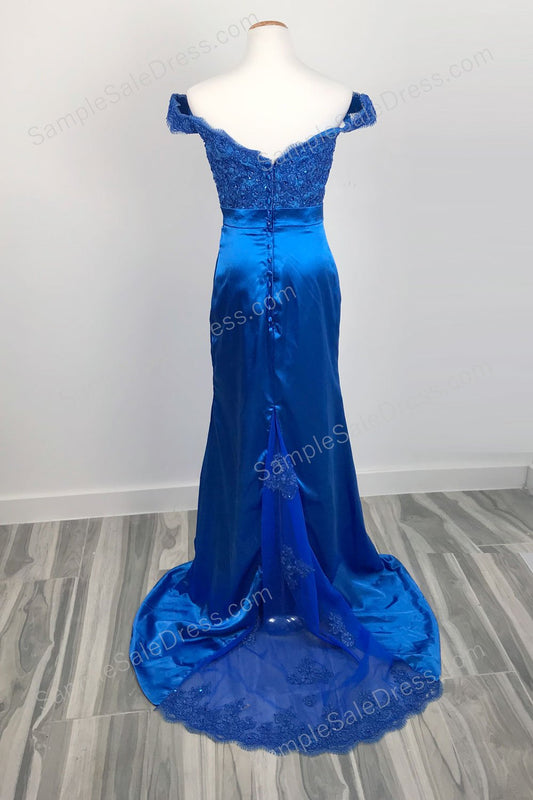 Royal Blue Off the Shoulder Lace Sleek Prom Evening Dress XH1027