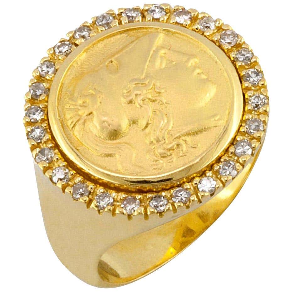 18 Karat Yellow Gold Diamond Bezel Coin Ring With Athena Georgioscollections 