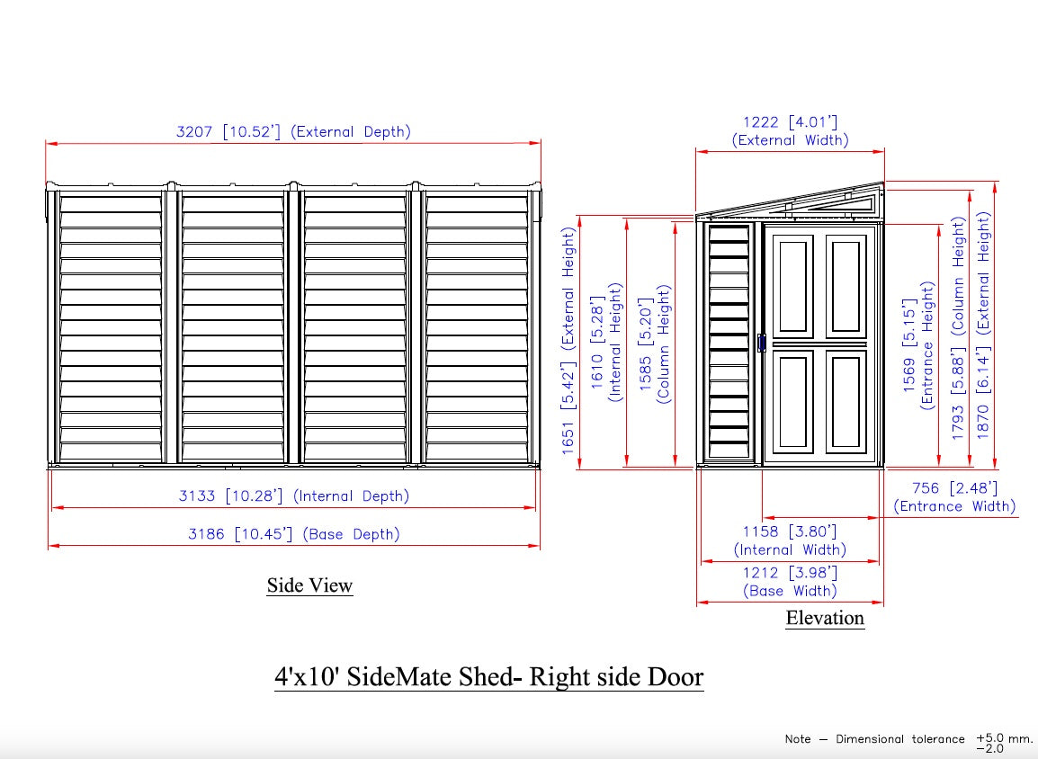 Technical Diagram, DuraMax SideMate 4' x 10' shed