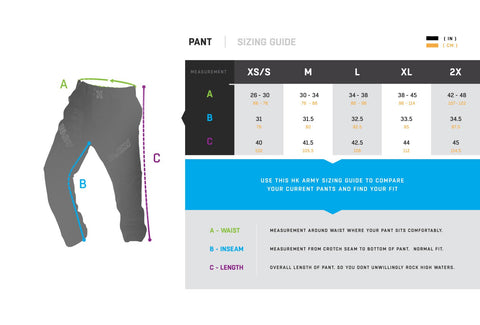 HK Army HSTL Paintball Pants Size Chart