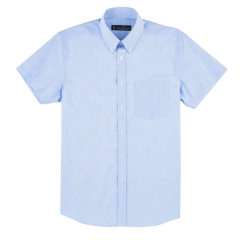 Blue and White Striped Oxford Slim Fit Button-Down Collar Short Sleeve ...