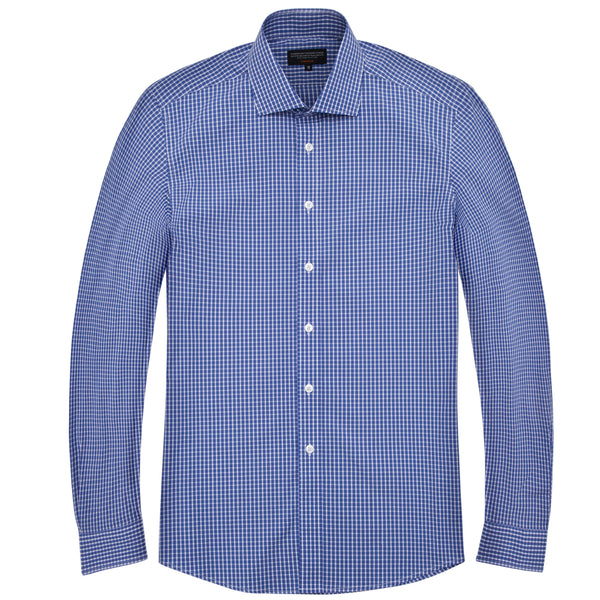 Blue Gingham Grid Check Athletic Fit Wide Spread Collar Shirt