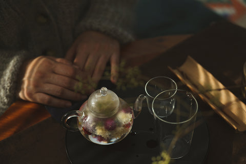 Home tea space with teapot and tea tray