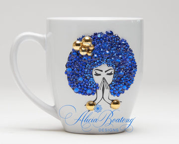 AFRO Glam Collection (Mary Lou)  Blue / Gold Empowering Women coffee tea cup bling cup