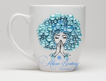 AFRO Glam Collection (Tiffany) Aquamarine / Teal Pearls Empowering Women coffee tea cup bling cup