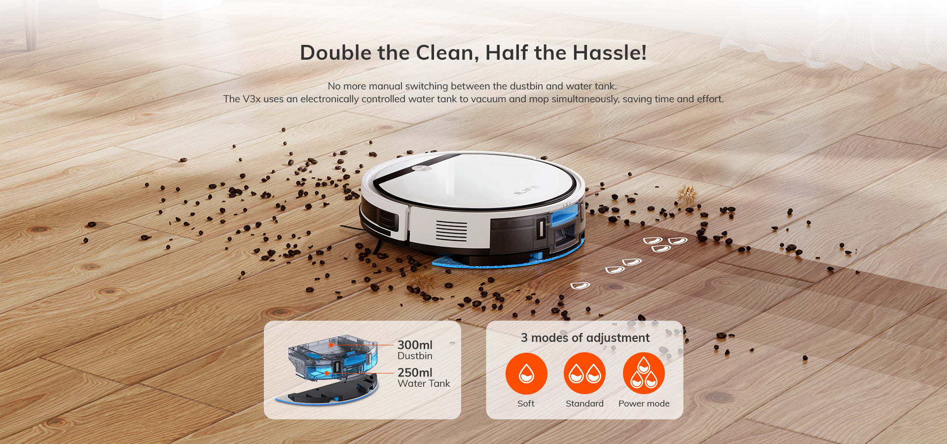 2-in-1 dual water tank for faster cleaning
