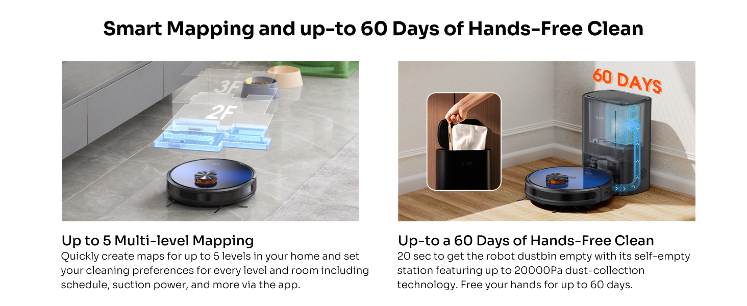 Smart Mapping Up to 5 Multi-level and 60 Days of Hands-free Cleaning