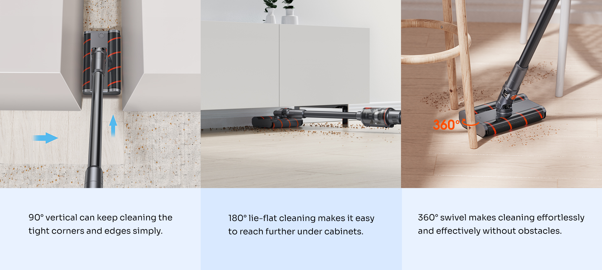90, 180 and 360 degree cleaning capabilities