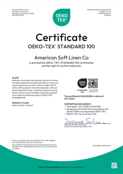 American Soft Linen OEKO-TEX® Standard 100 Certificate