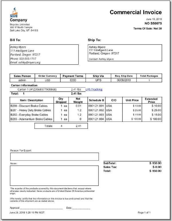 Commercial Invoice – Fishbowl Reports