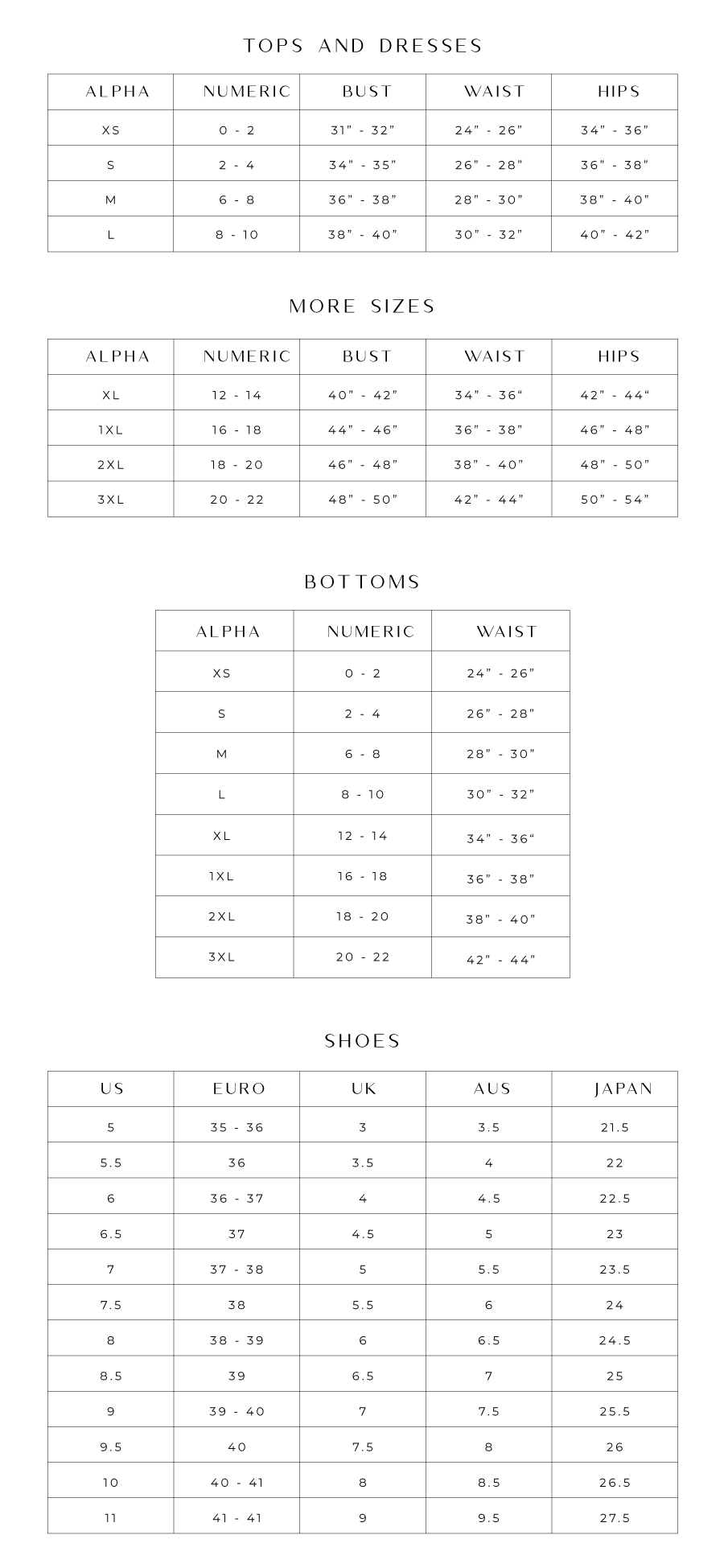 The Lifestyled Co Clothing & Accessories Sizing Chart