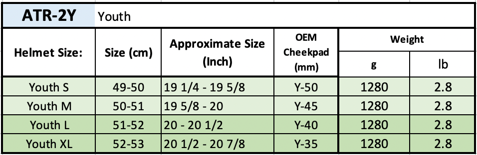 6D Helmets ATR-2Y Helmet Sizing Chart