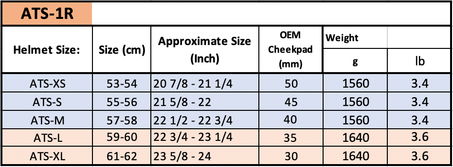 6D Helmets ATS-1R Helmet Sizing Chart