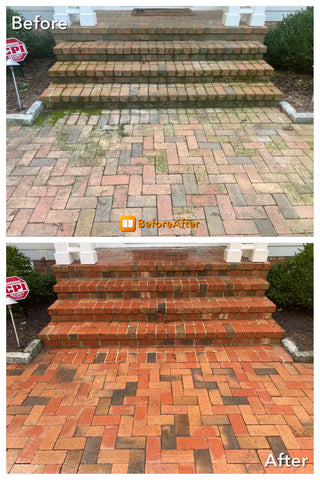 Before and after power washing a front porch with Eco-Blast