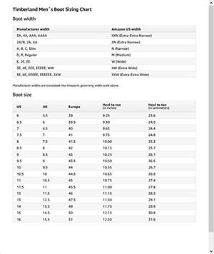 timberland mens size chart