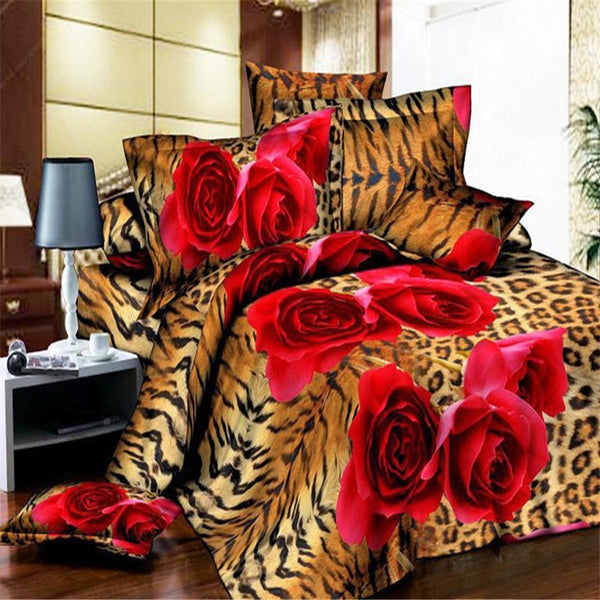 Esydream Leopard Print Red Rose King Size Duvet Cover Queen Twin