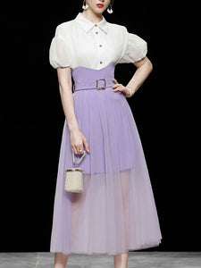 2PS White Puff Sleeve 1950S Vintage Classic Top And PurpleSwing Skirt Suit