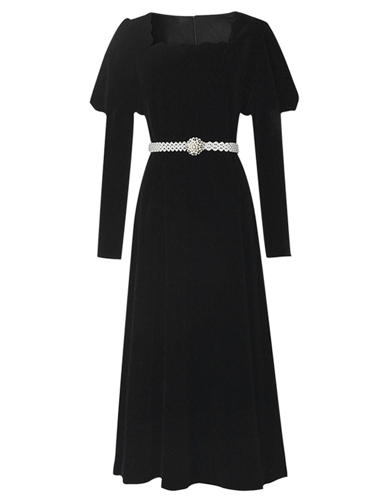 Black Square Collar Puff Long Sleeve Vintage Velvet Dress – Jolly Vintage