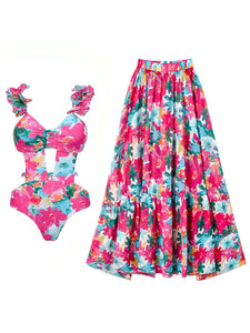 Pink Handmade Flower Ruffles Strappy One Piece With Swimsuit Swing Skirt
