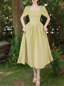 3 Color Ballet Square Collar Puff Sleeve Vintage 1950S Dress