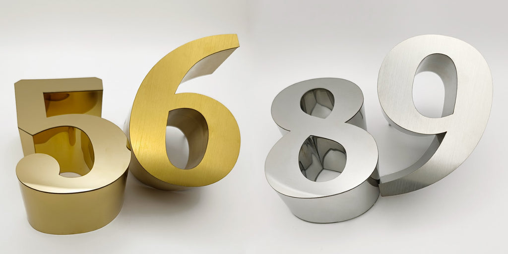 comparative example shiny gold stainless steel letters Stainless Steel Gold Hairline shiny stainless steel Stainless Steel Silver Hairline house number sign
