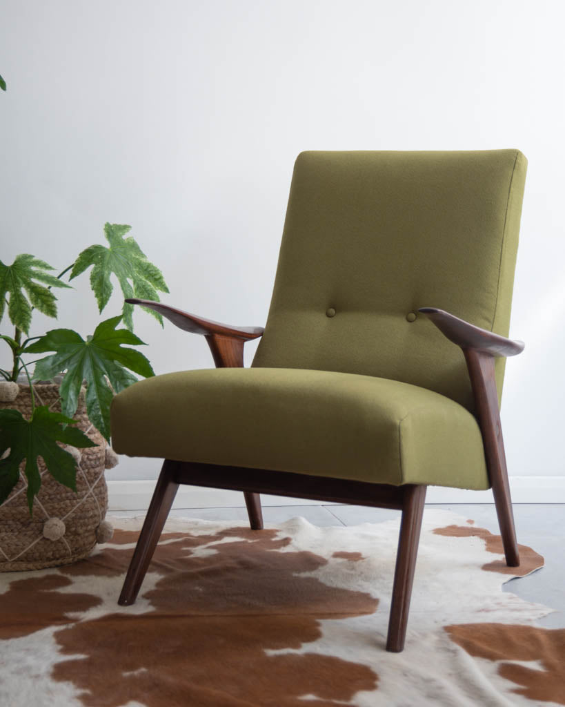 mid century teak  green wool lounge armchair – gruffertys