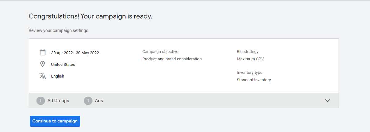 image of campaign configuration completion in YouTube ads for promoting music videos