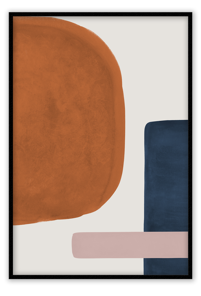 Abstract print shapes rust pink and navy colours with watercolour texture on a grey background 