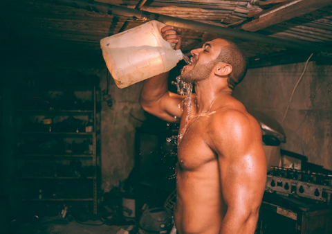 topless man drinking large bottle water