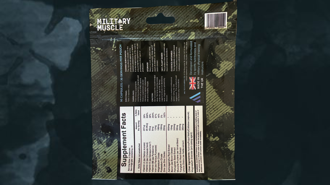 military muscle reverse of package with supplement facts