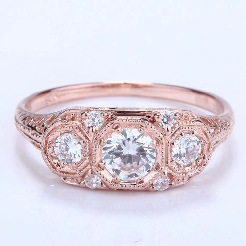 14k Rose Gold 3 Stone Moissanite Ring 0.7ct Total Moissanite Engagement Rings & Jewelry | Luxus Moissanite