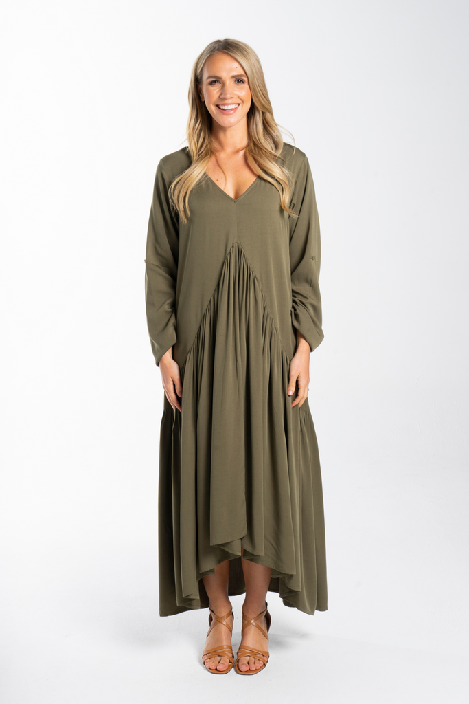 Long Sleeve Peak Maxi Dress in Khaki – PQ Collection