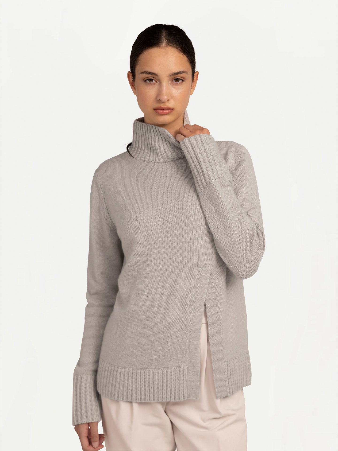 Women's Cut-Out Cashmere Turtleneck Chateau Gray - Gobi Cashmere