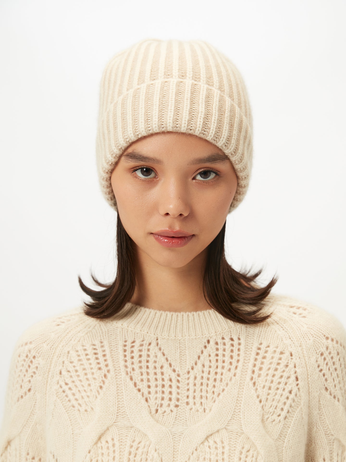 Unisex Organic Colour Two-Tone Cashmere Hat Off White - Gobi Cashmere