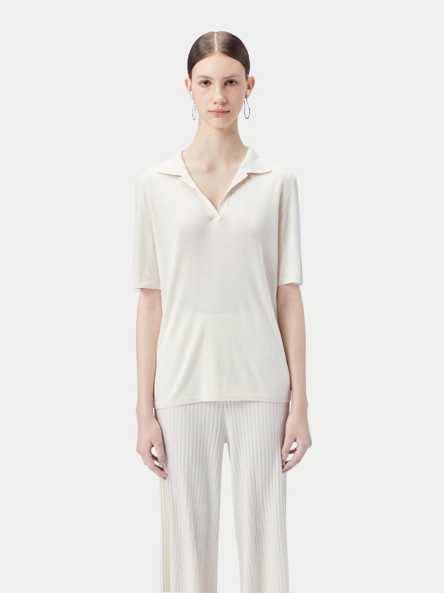 Women's Silk Cashmere Polo Shirt Whisper White - Gobi Cashmere