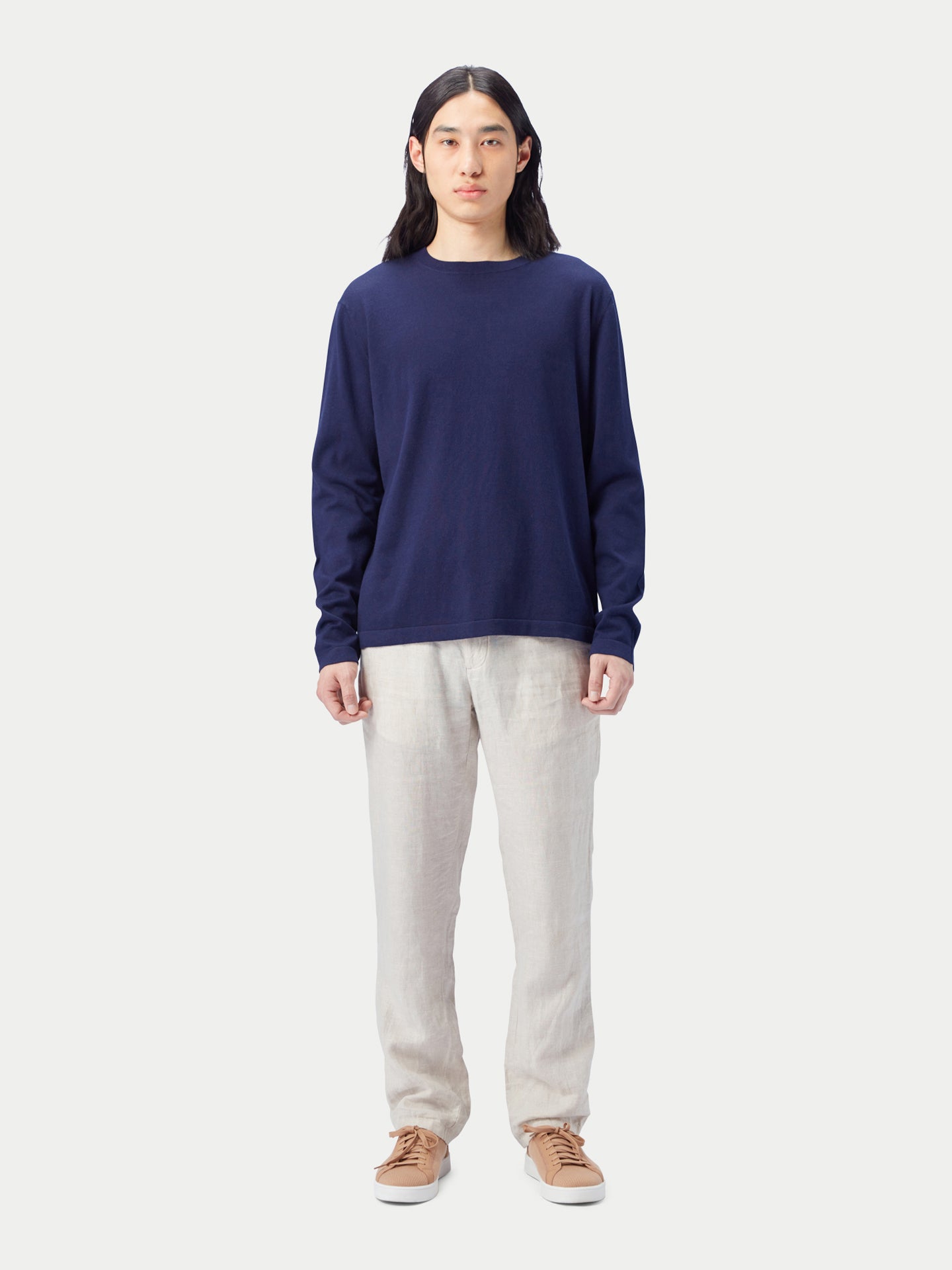 Men's Crewneck Cotton Silk Cashmere Blend Sweater Navy - Gobi Cashmere