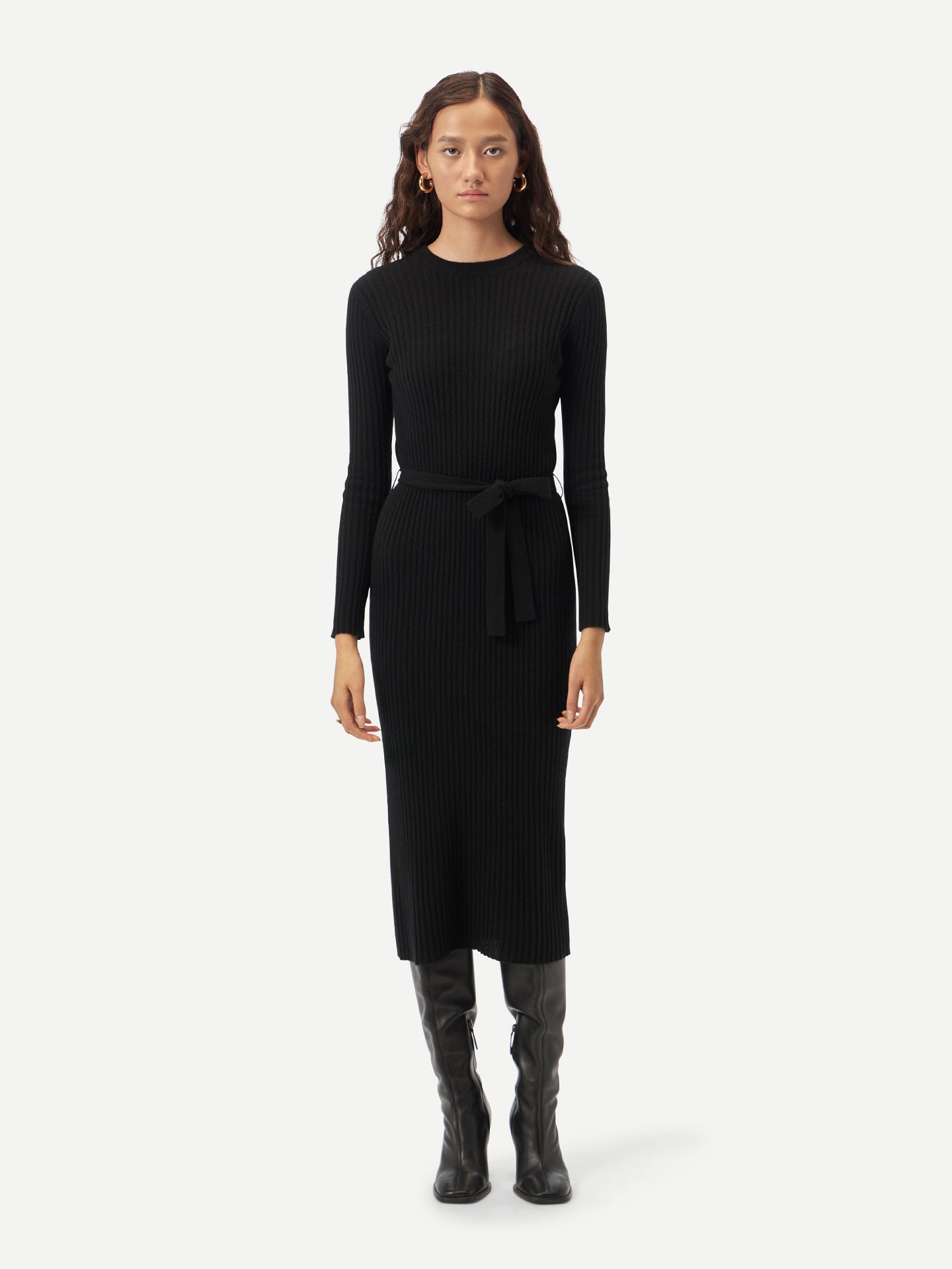 GOBI Cashmere Knit Dress with Belt  Black - Fall Winter 2023