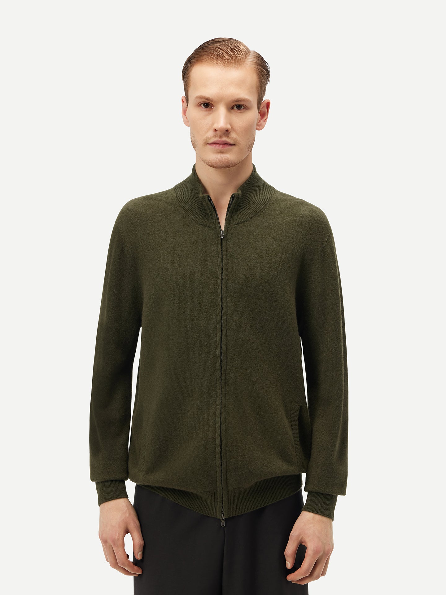 Men's Cashmere Full Zip Stand Collar Cardigan Capulet Olive - Gobi Cashmere