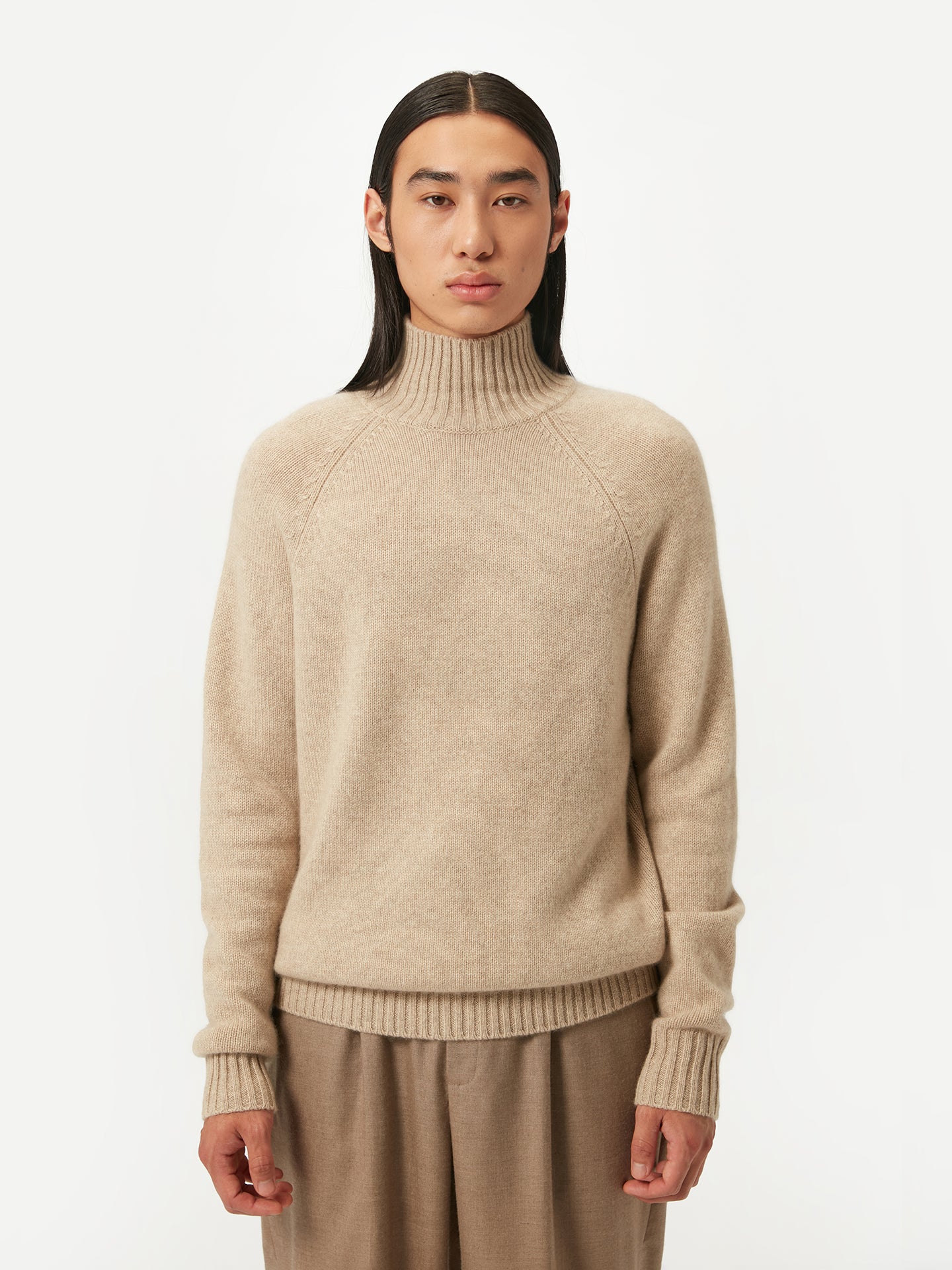 Men's Organic Cashmere Turtleneck with Ribbed Details Warm Grey - Gobi Cashmere