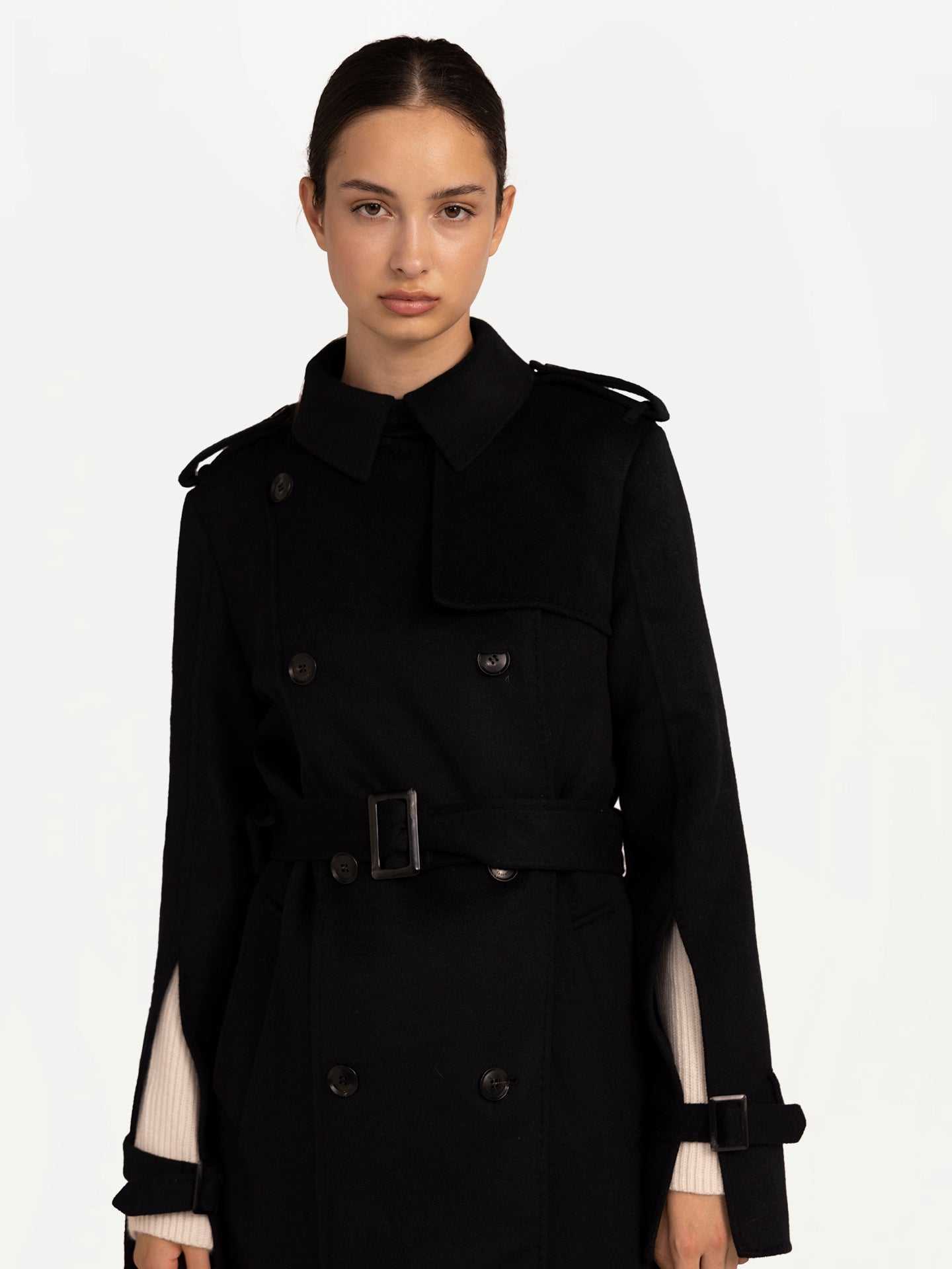 Women's Cashmere Coat with Details Black - Gobi Cashmere