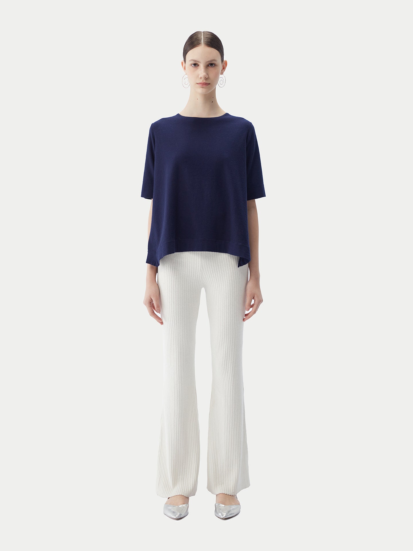 Women's Box-Cut Cotton Silk Cashmere Blend T-Shirt Navy - Gobi Cashmere