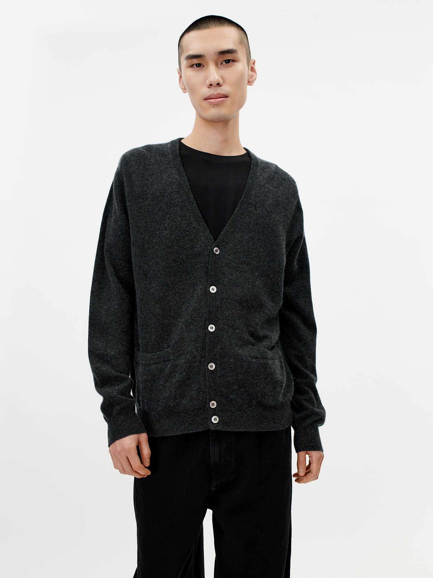 Men's Cashmere V-Neck Cardigan Charcoal - Gobi Cashmere