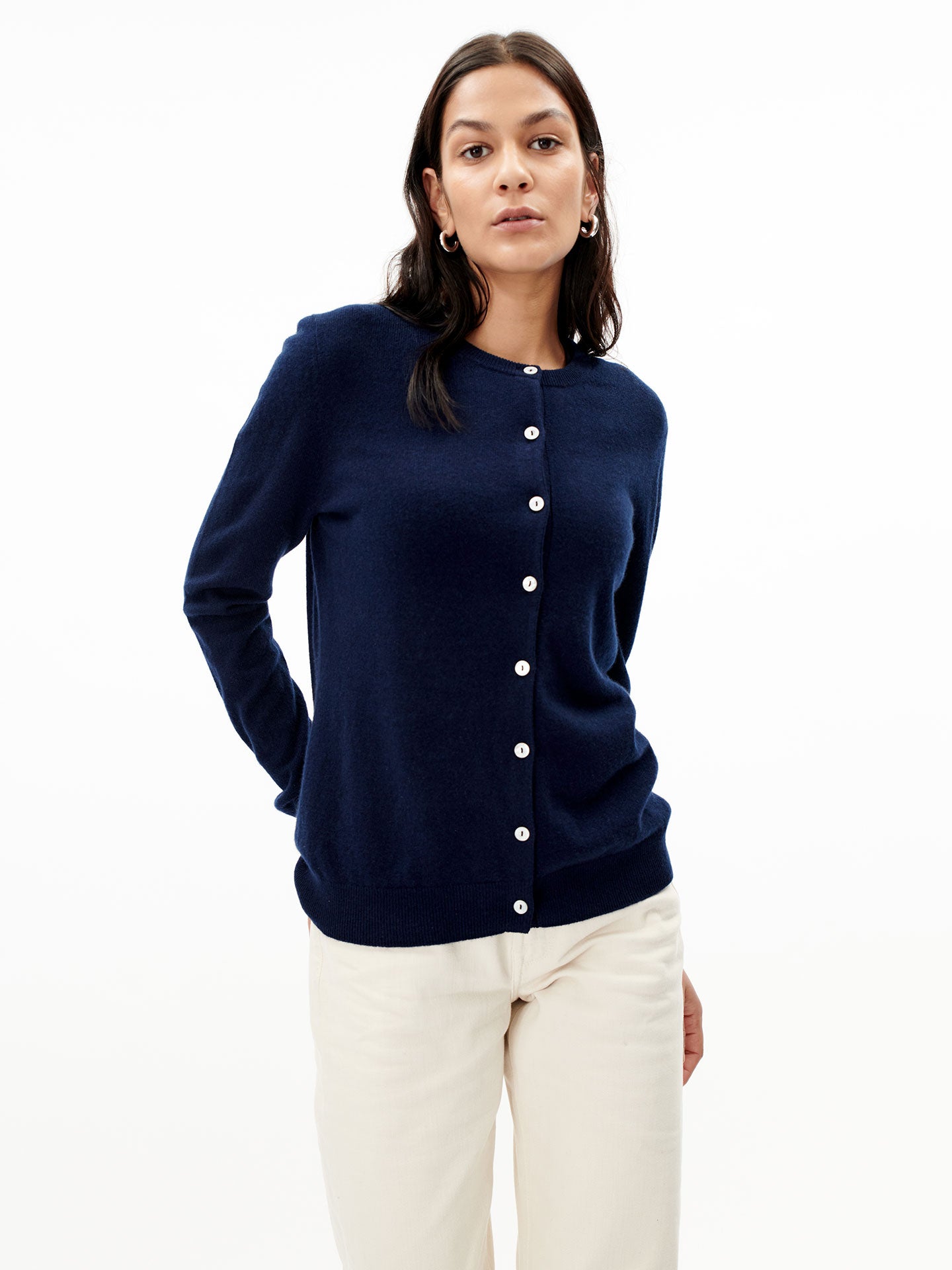 Women's Cashmere Crew Neck Button Cardigan Navy - Gobi Cashmere