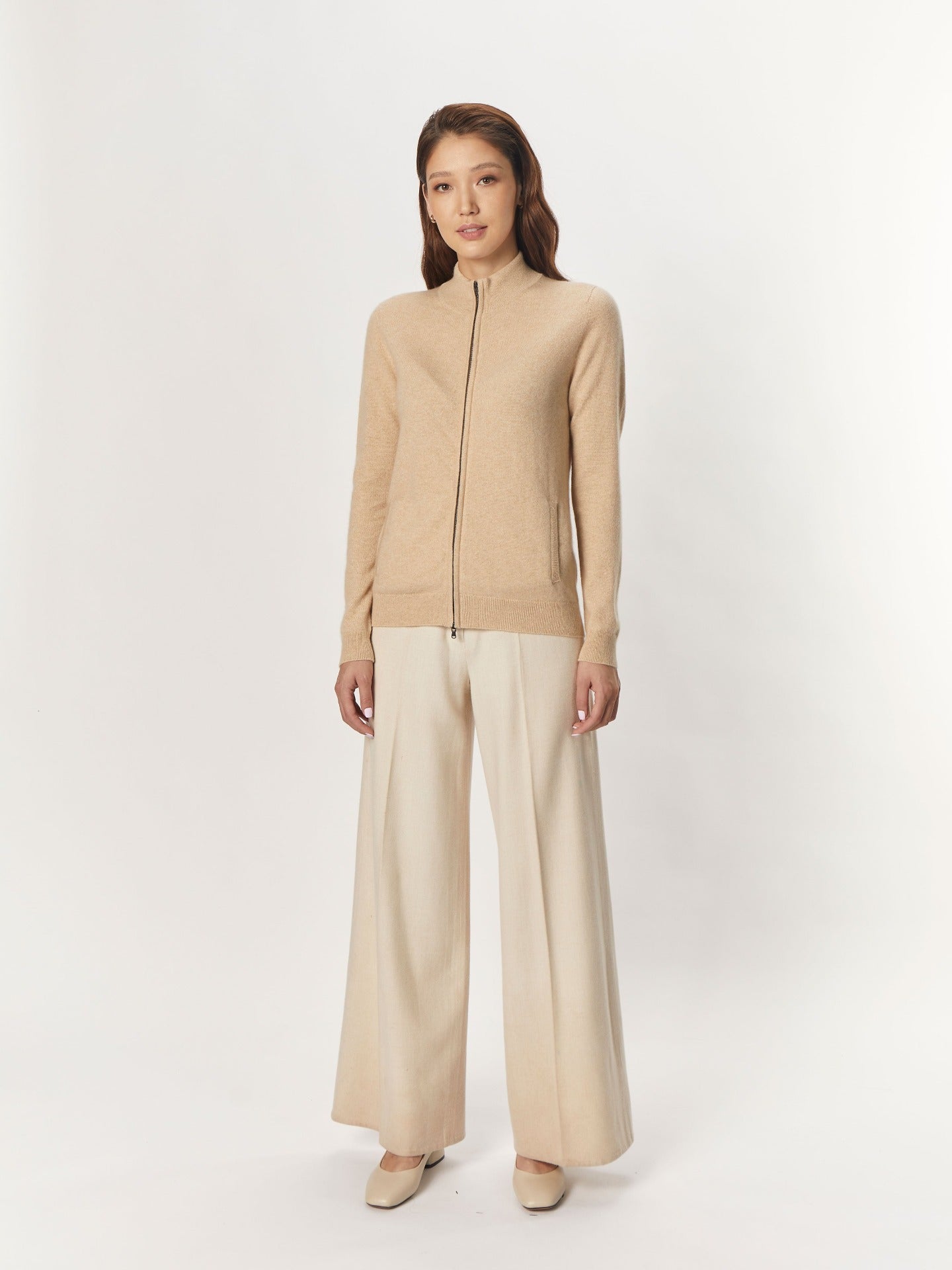 Women's Cashmere Zip Gardigan Beige - Gobi Cashmere