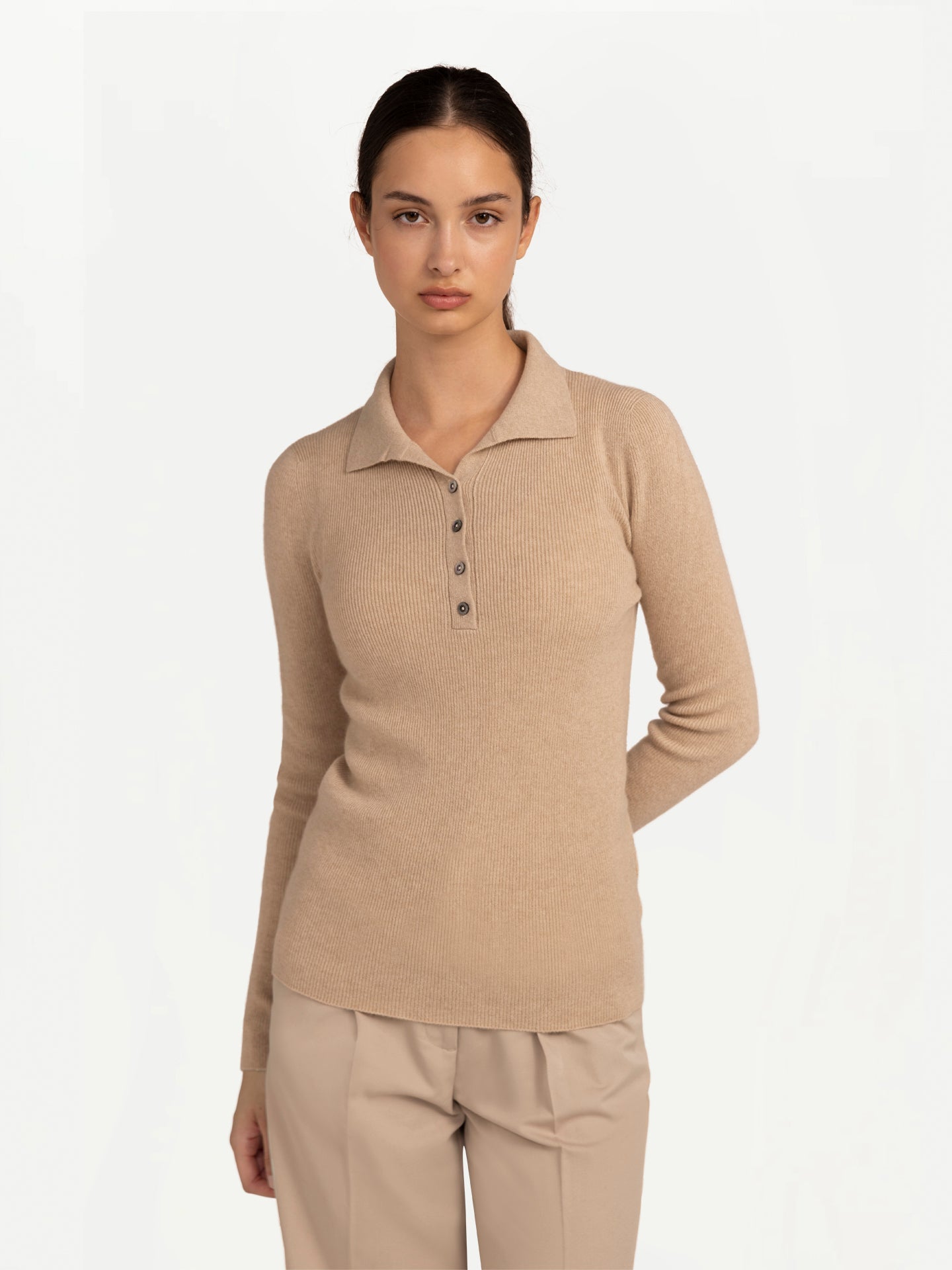 Women Long Sleeves Cashmere Polo Shirt Avoine