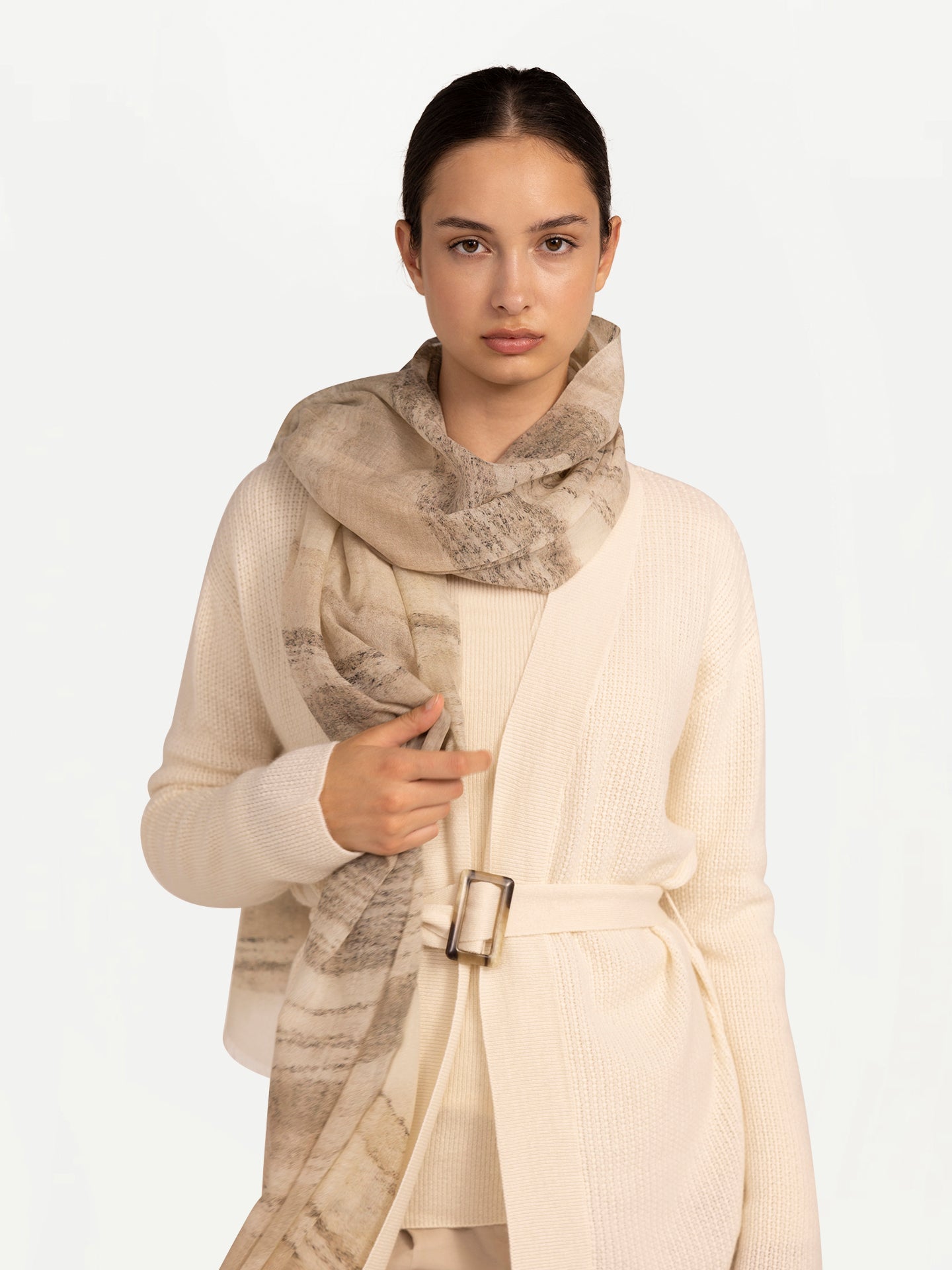 Unisex Cashmere Printed Cashmere Shawl Beige - Gobi Cashmere