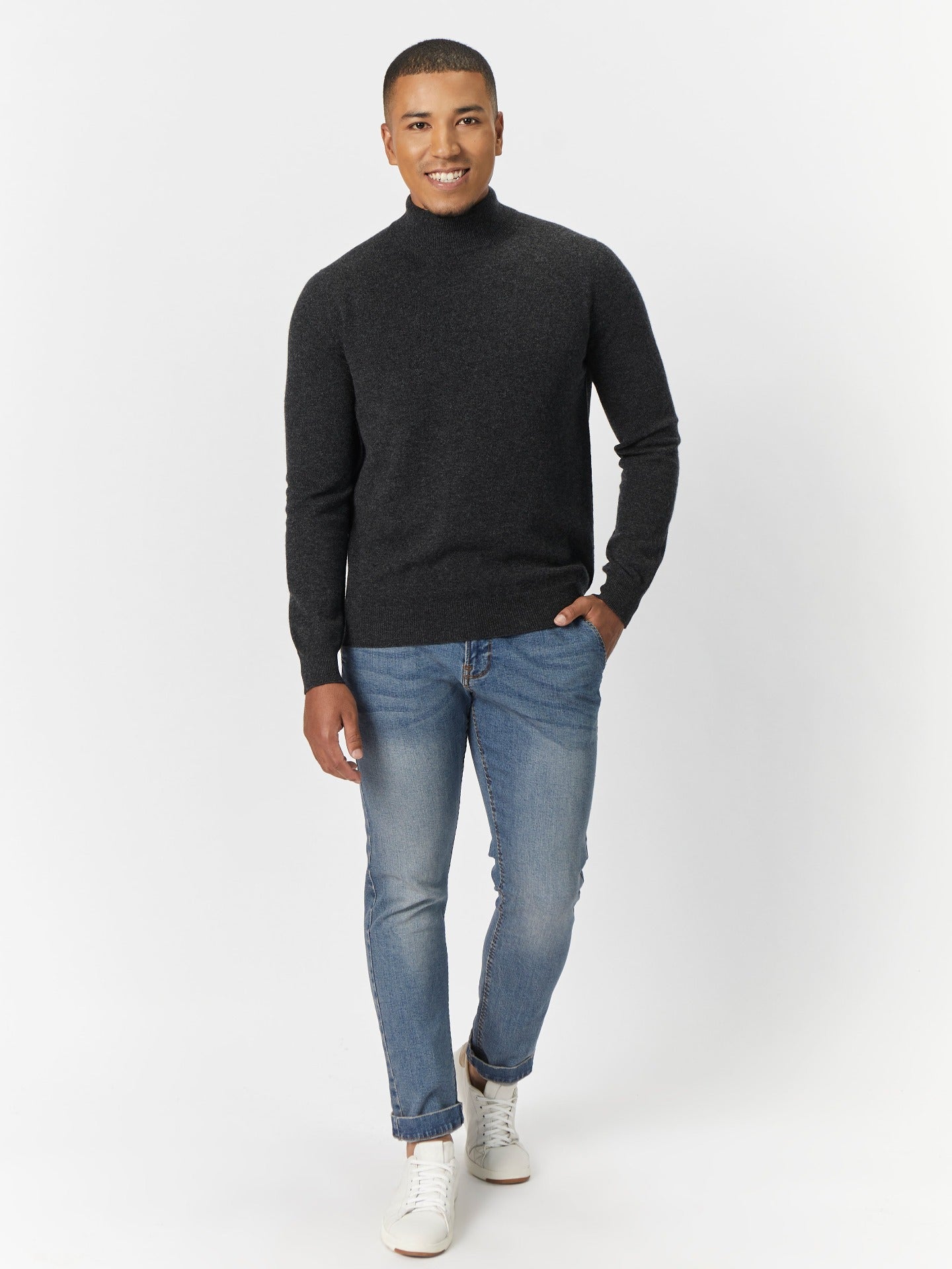 Men's Cashmere Basic Turtle Neck Sweater White - Gobi Cashmere