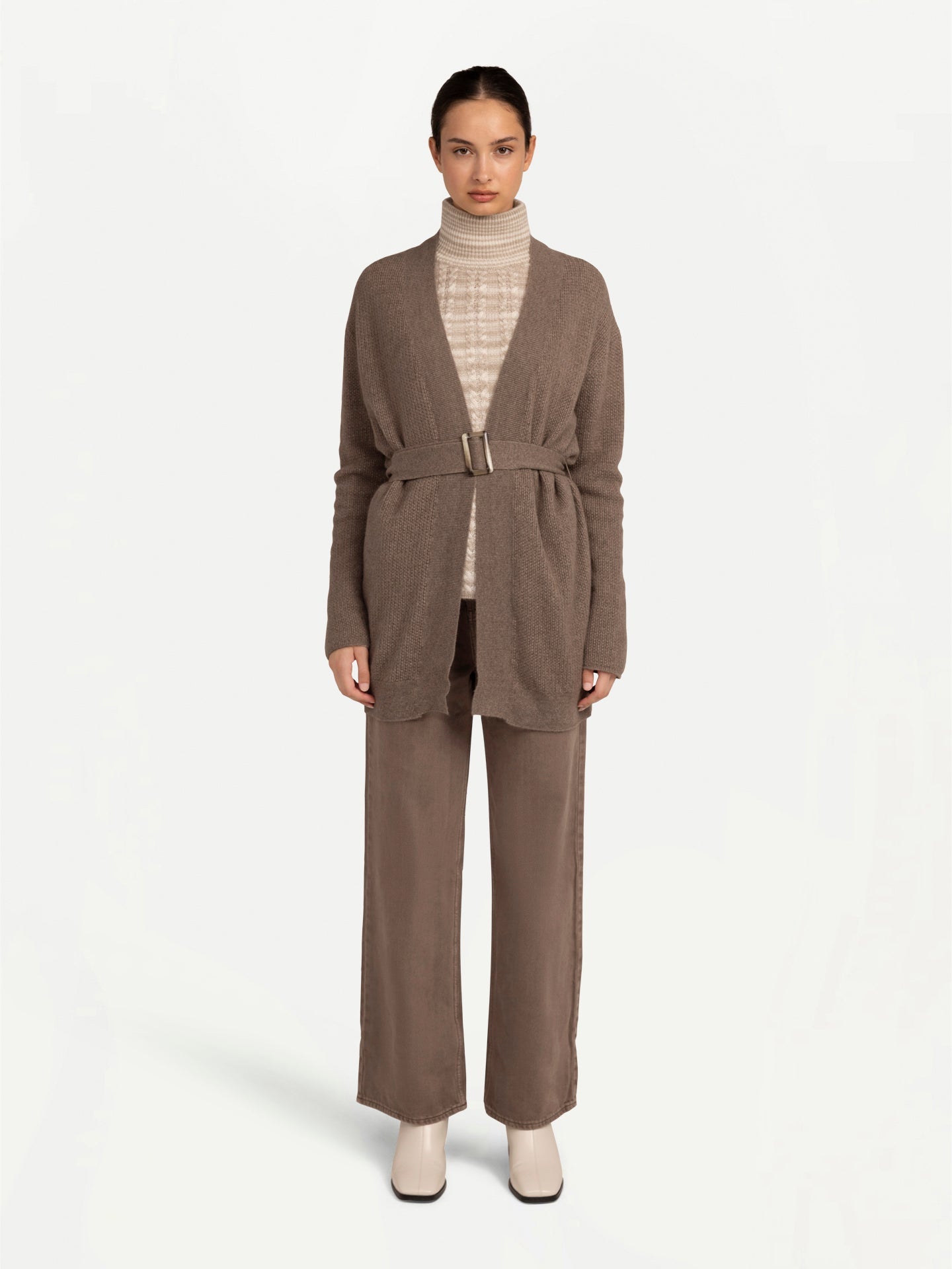 Unisex Belted Cashmere Cardigan Taupe - Gobi Cashmere