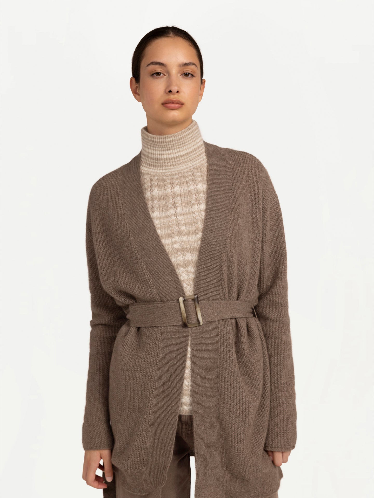 Unisex Belted Cashmere Cardigan Taupe - Gobi Cashmere